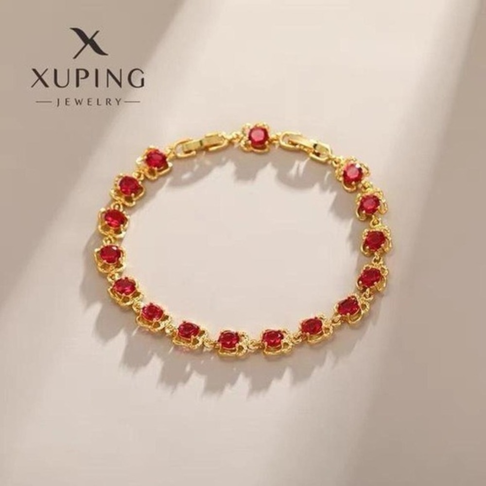 new Jewelry Red Crystal Gold‎ Tone Floral Link Bracelet Tennis Style New